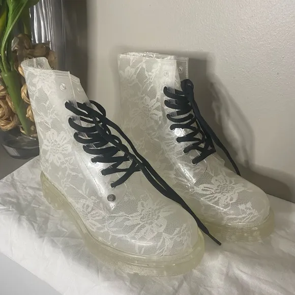 G-SIX WORKSHOP Clear Rubber Combat  Boot White Lace Lace Up Rainboots 40/US10