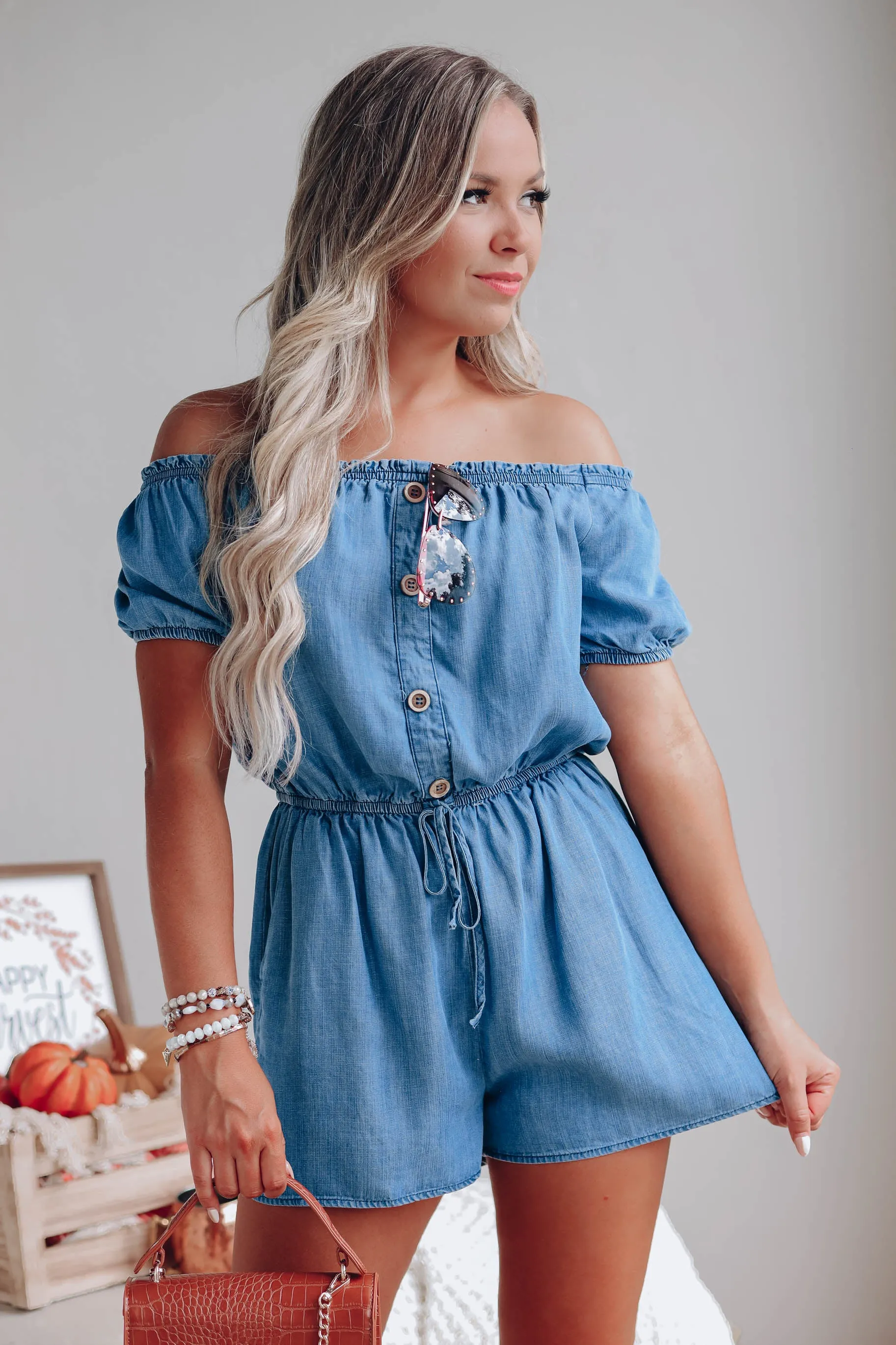 Gabrielle Off the Shoulder Denim Romper