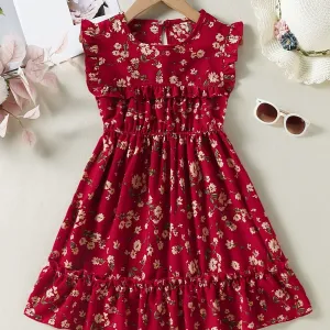 Girls Elegant Sweet Floral Ruffled Dress