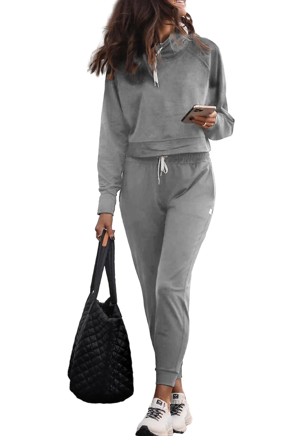 Gray Drawstring Hoodie and High Waist Pants Lounge Set