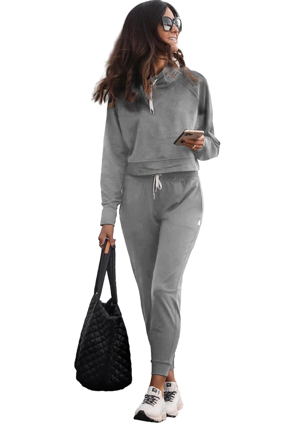 Gray Drawstring Hoodie and High Waist Pants Lounge Set