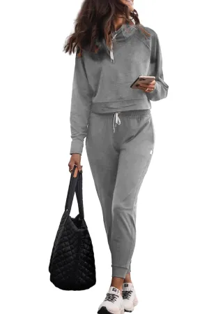 Gray Drawstring Hoodie and High Waist Pants Lounge Set