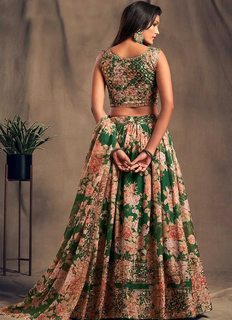Green Floral Printed Stylish Embroidered Lehenga Choli