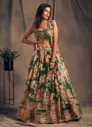 Green Floral Printed Stylish Embroidered Lehenga Choli