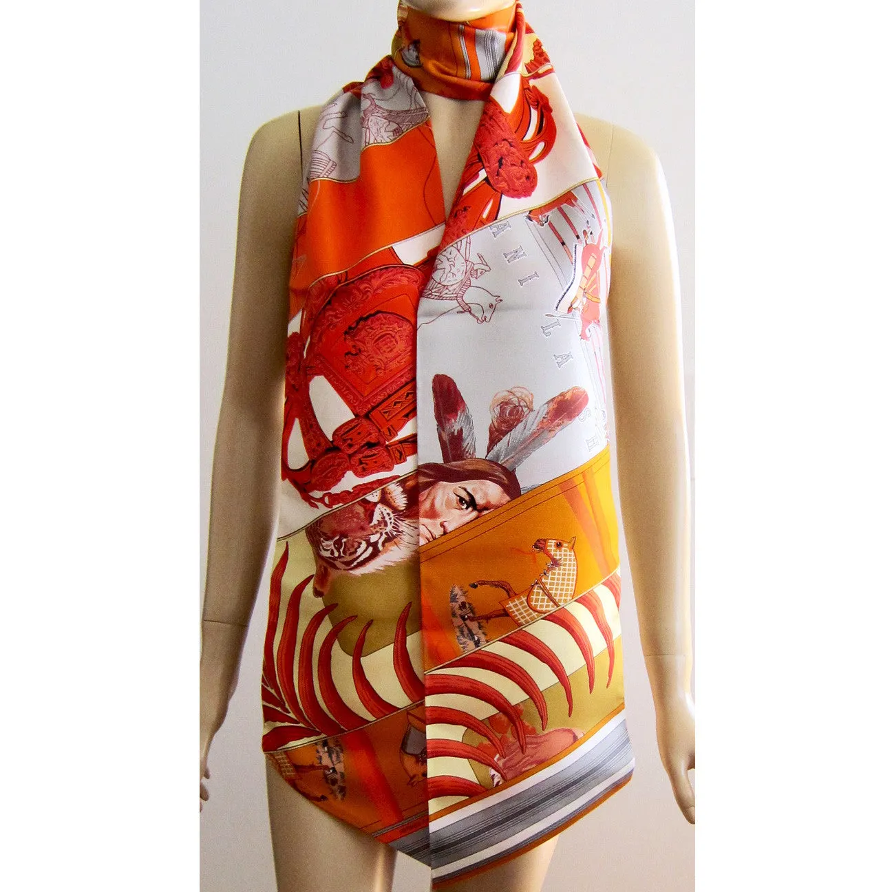 Hermes Carre En Carres Maxi Twilly Orange Grey Jaune
