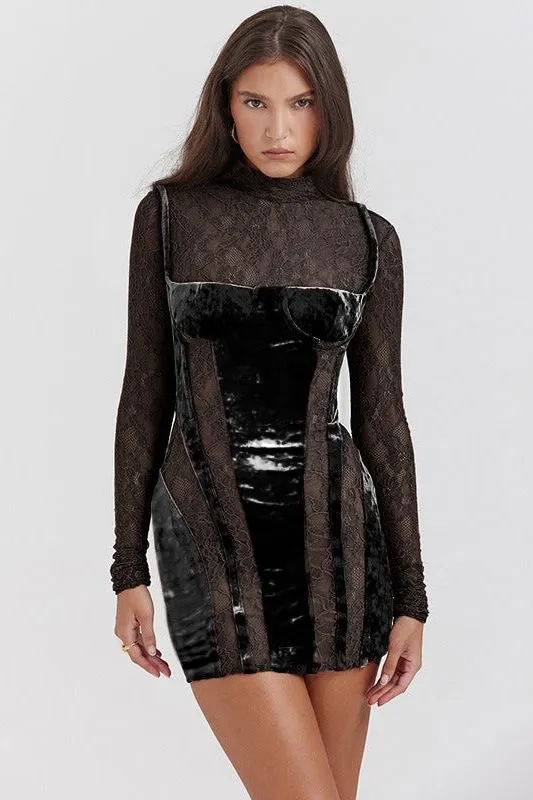 High-neck lace long-sleeved slim dress