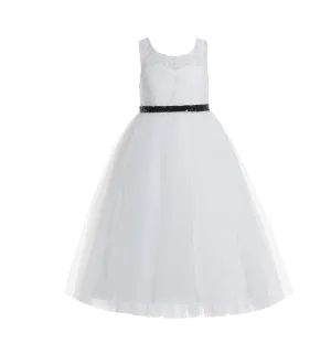 Ivory Lace Tulle Scoop Neck Keyhole Back A-Line Junior Flower Girl Dress Pageant Gown Communion 178