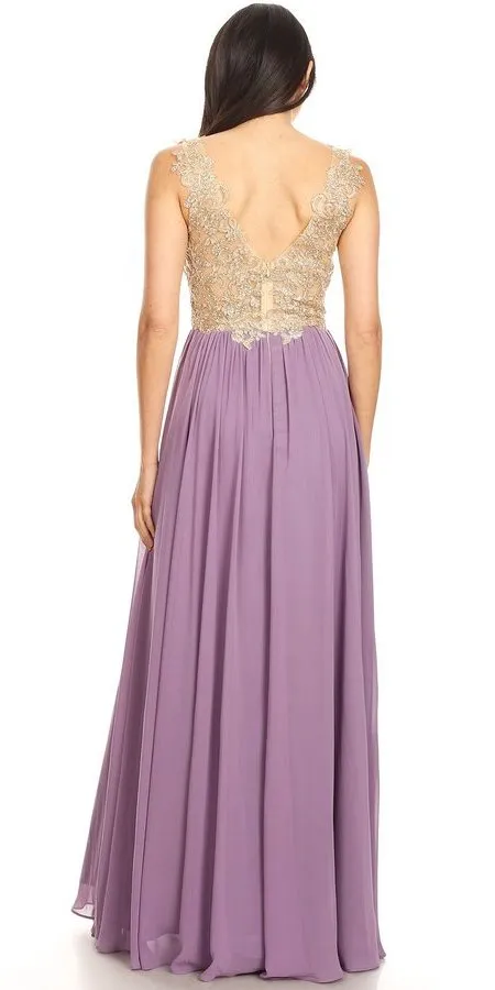 J&J Fashion 3076 Lace-Applique Bodice Long Formal Dress Sleeveless