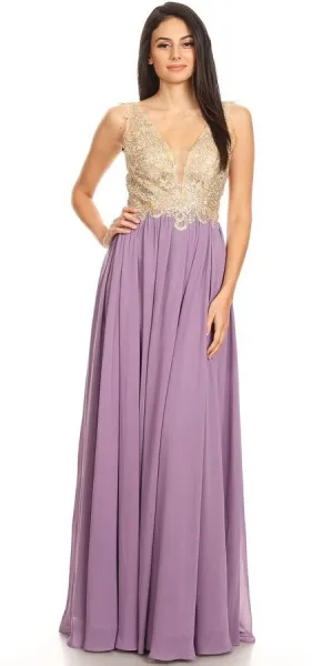 J&J Fashion 3076 Lace-Applique Bodice Long Formal Dress Sleeveless