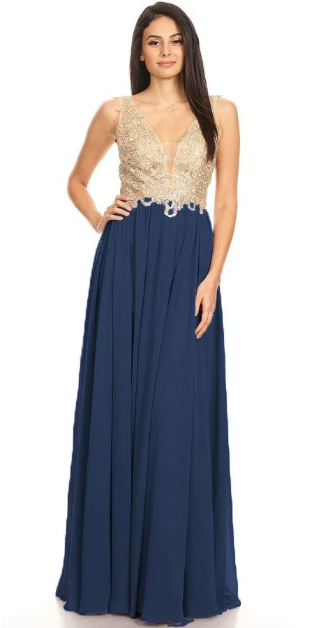 J&J Fashion 3076 Lace-Applique Bodice Long Formal Dress Sleeveless