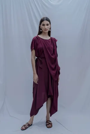 Jess- Wine Overlap Asymmetric Draped Dress