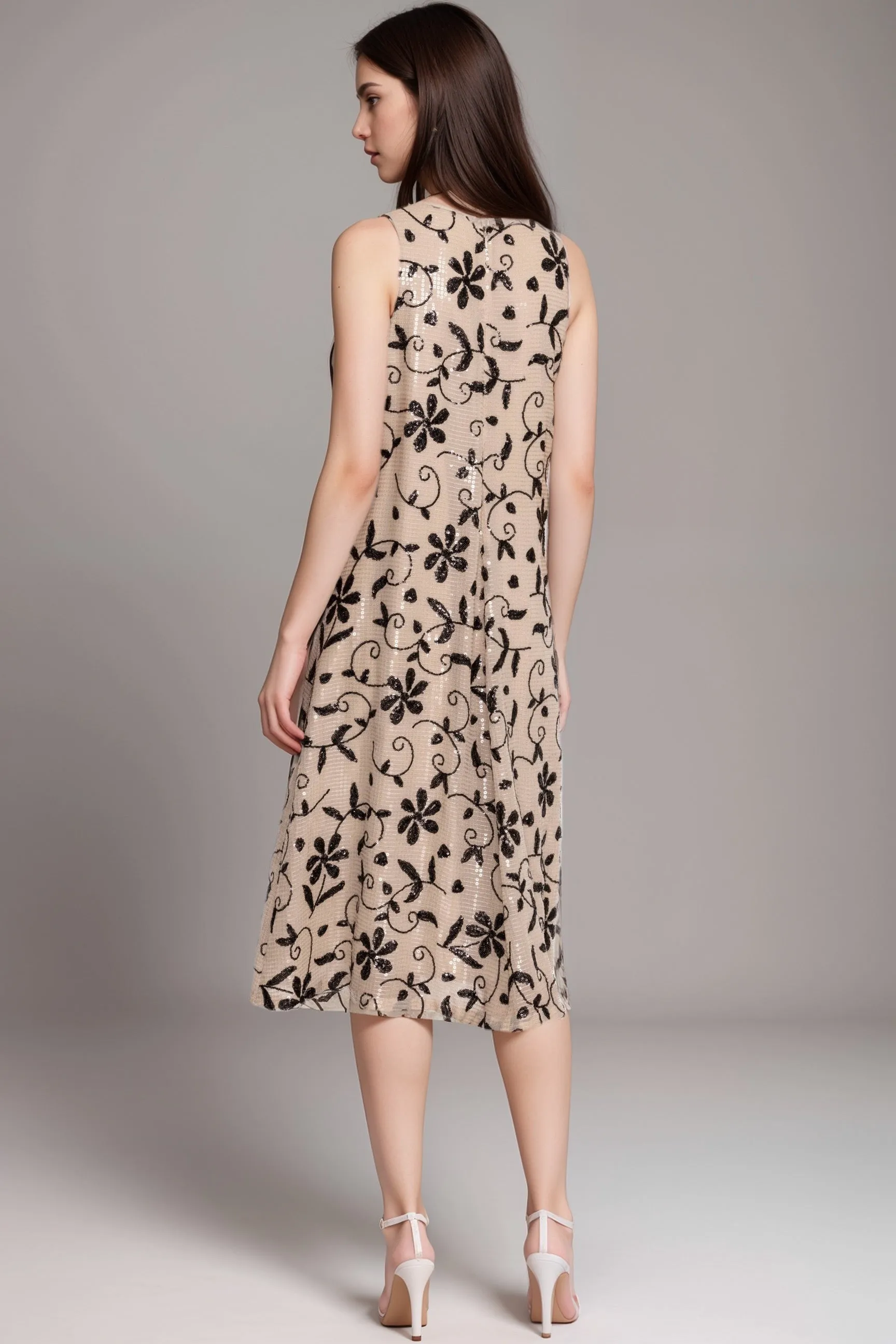 Johnny Was Beige Kimmie Floral Sequined Midi Dress R34824