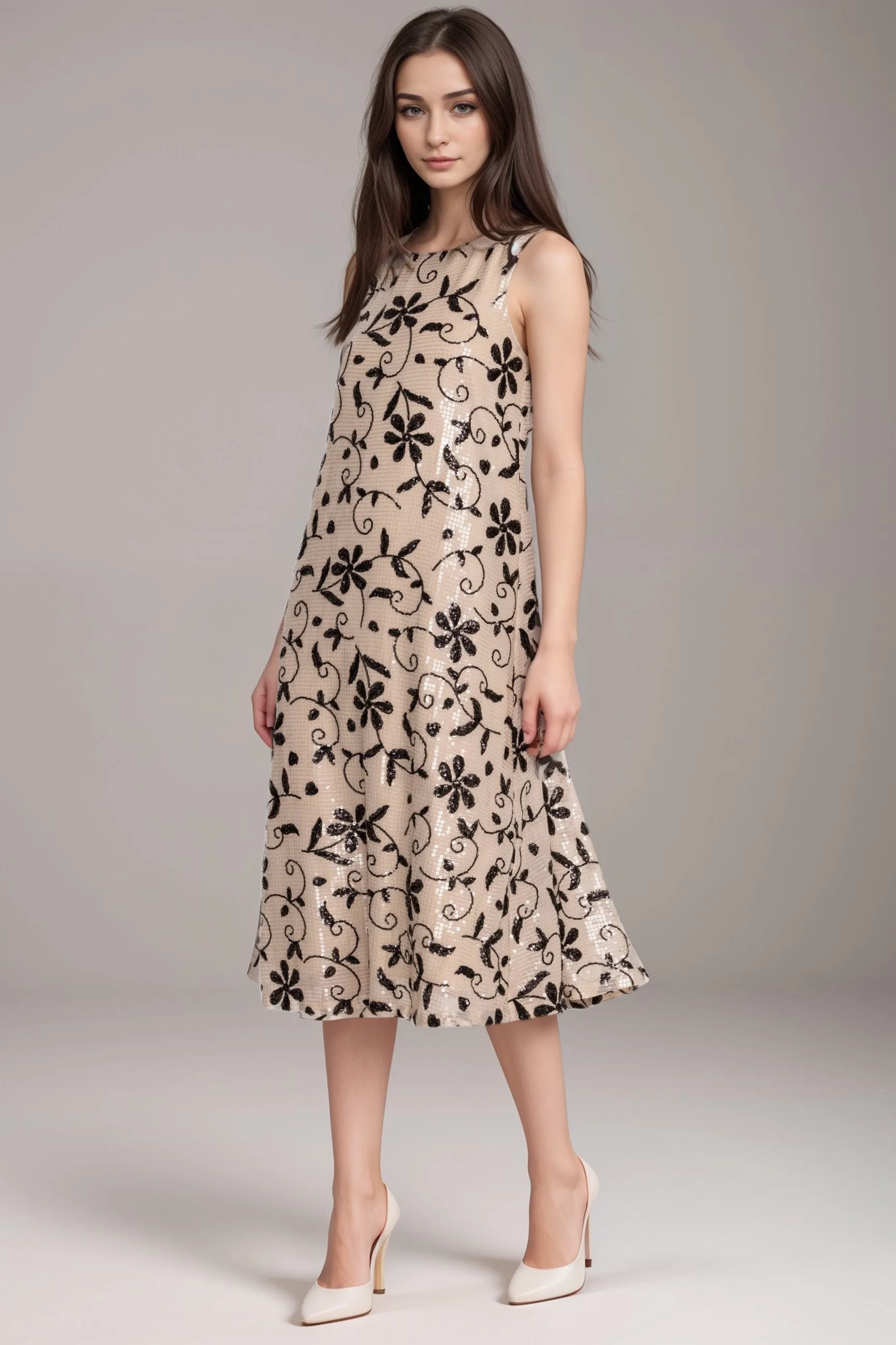 Johnny Was Beige Kimmie Floral Sequined Midi Dress R34824
