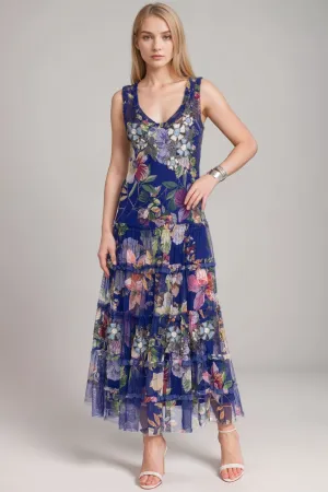 Johnny Was Biya Blue Mazzy Multi Ruffle Mesh Maxi Dress B32524