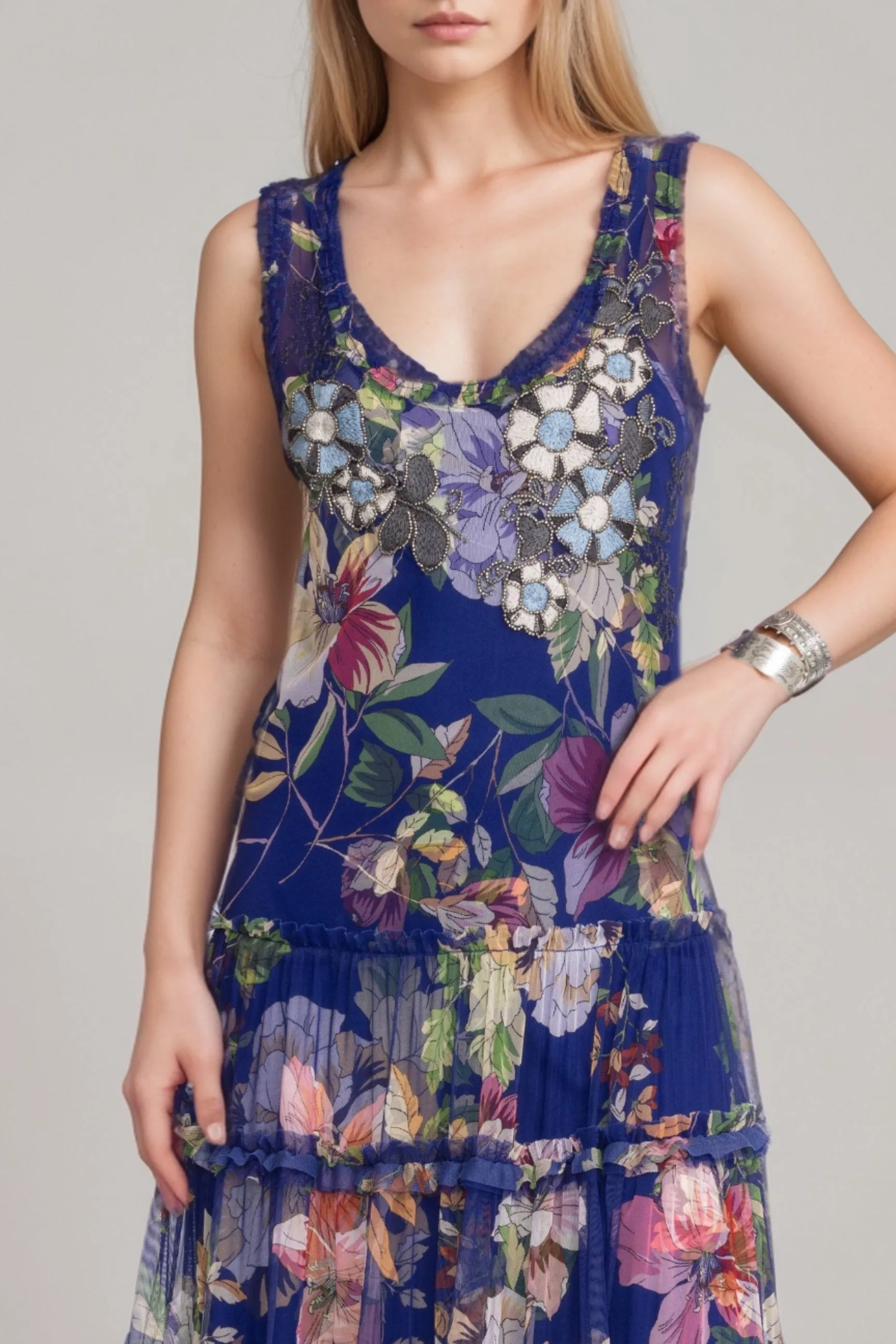 Johnny Was Biya Blue Mazzy Multi Ruffle Mesh Maxi Dress B32524