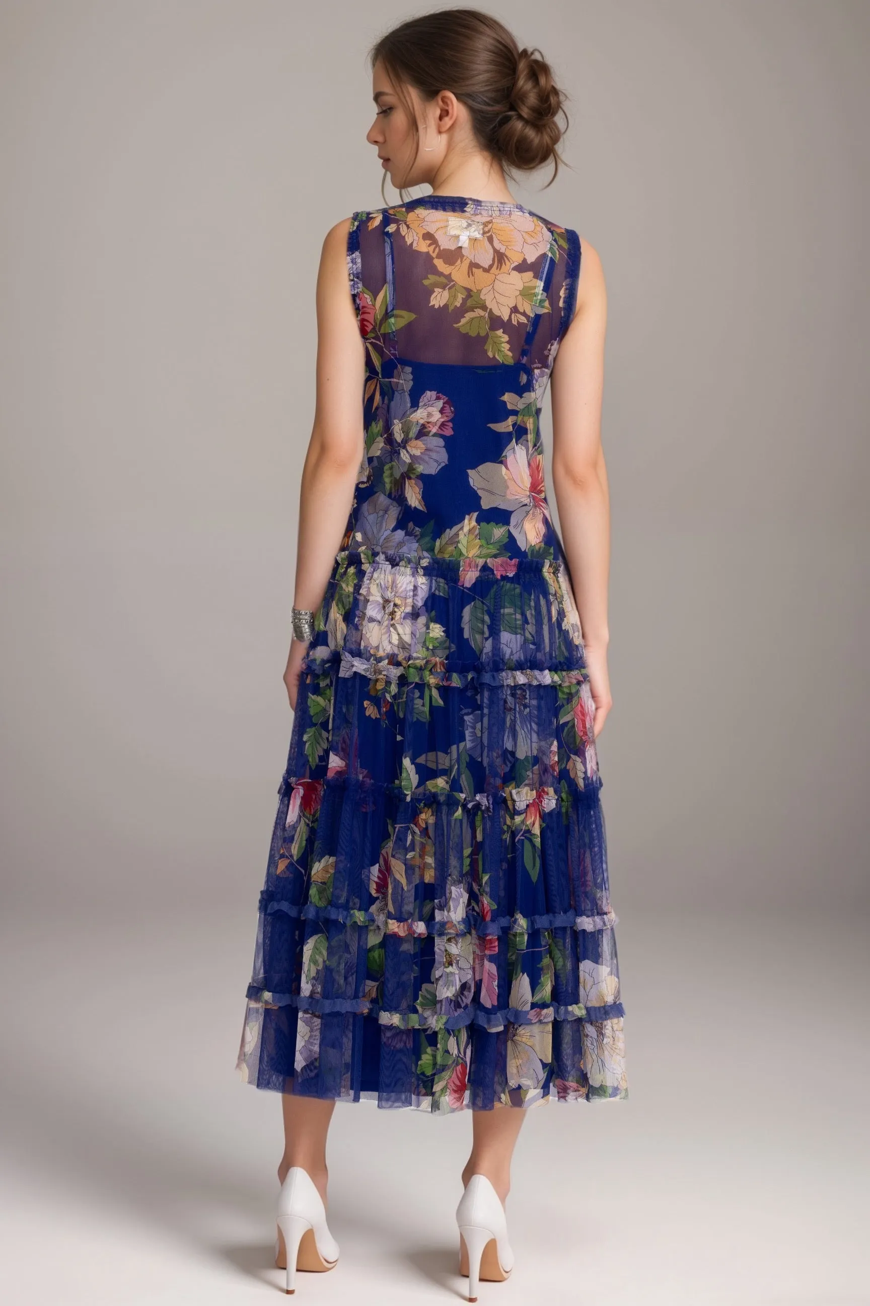 Johnny Was Biya Blue Mazzy Multi Ruffle Mesh Maxi Dress B32524