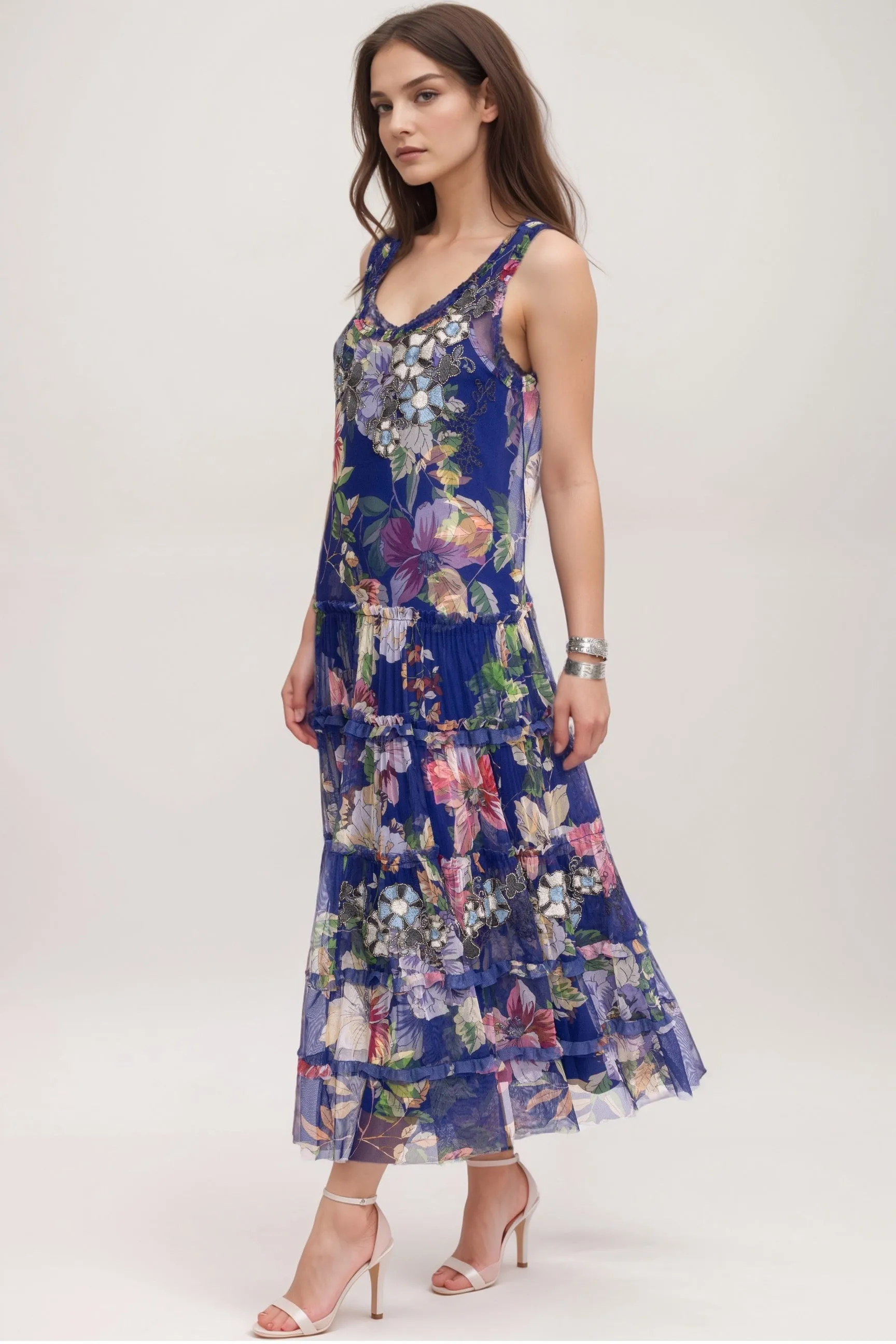 Johnny Was Biya Blue Mazzy Multi Ruffle Mesh Maxi Dress B32524
