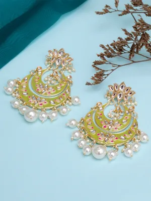 Karatcart Gold Plated Light Green Meena Lotus Design Pearl Studded Chandbali Earrings for Women