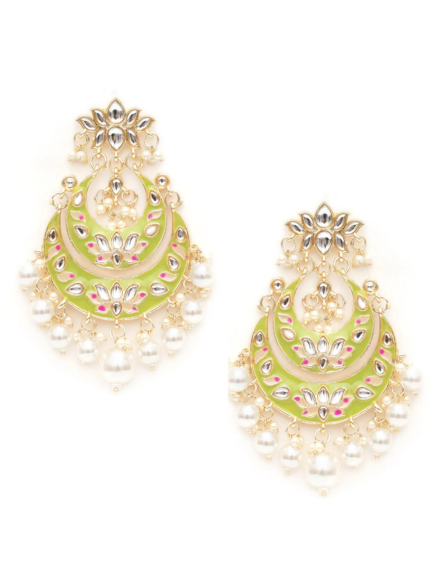 Karatcart Gold Plated Light Green Meena Lotus Design Pearl Studded Chandbali Earrings for Women