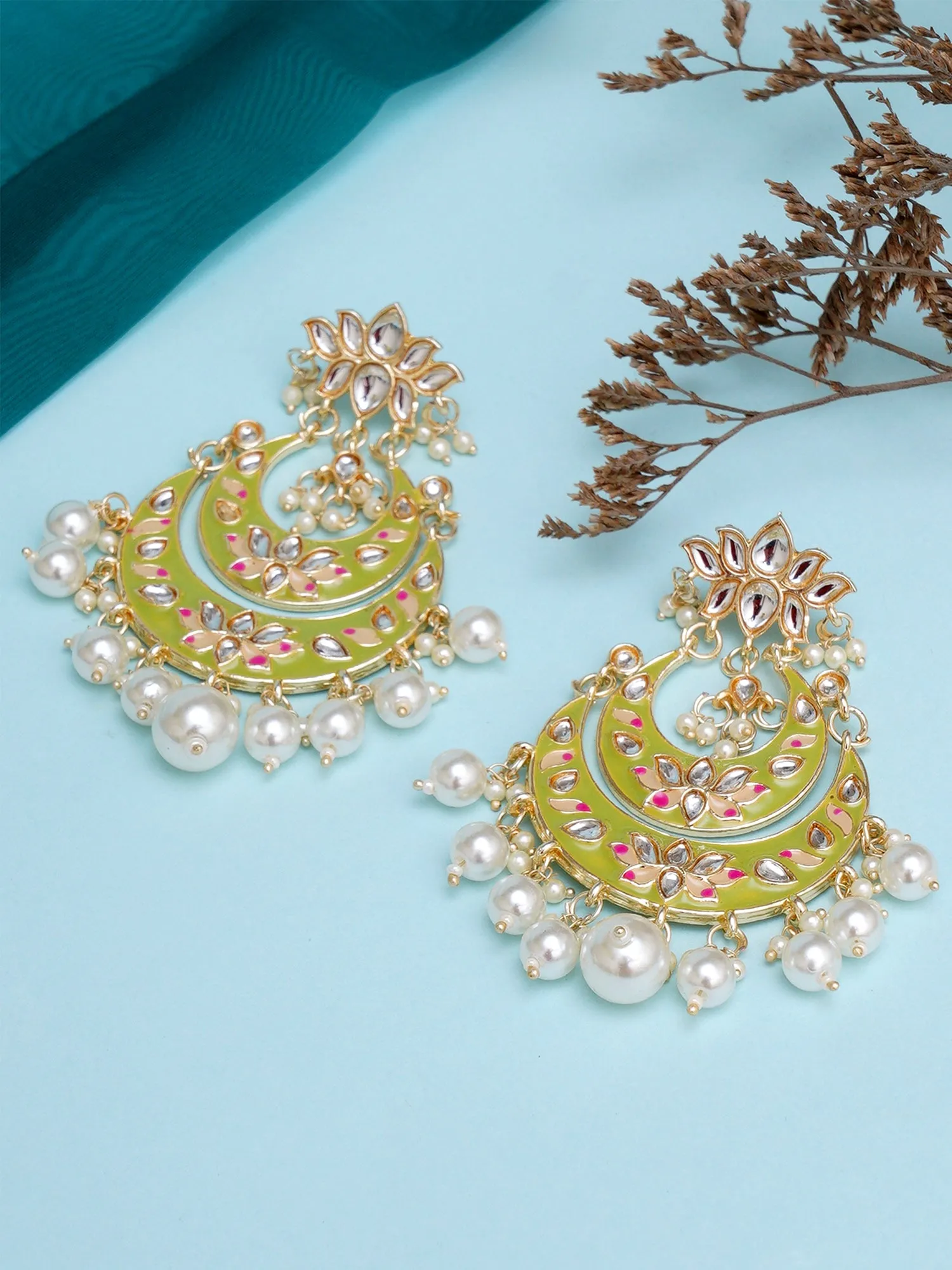 Karatcart Gold Plated Light Green Meena Lotus Design Pearl Studded Chandbali Earrings for Women