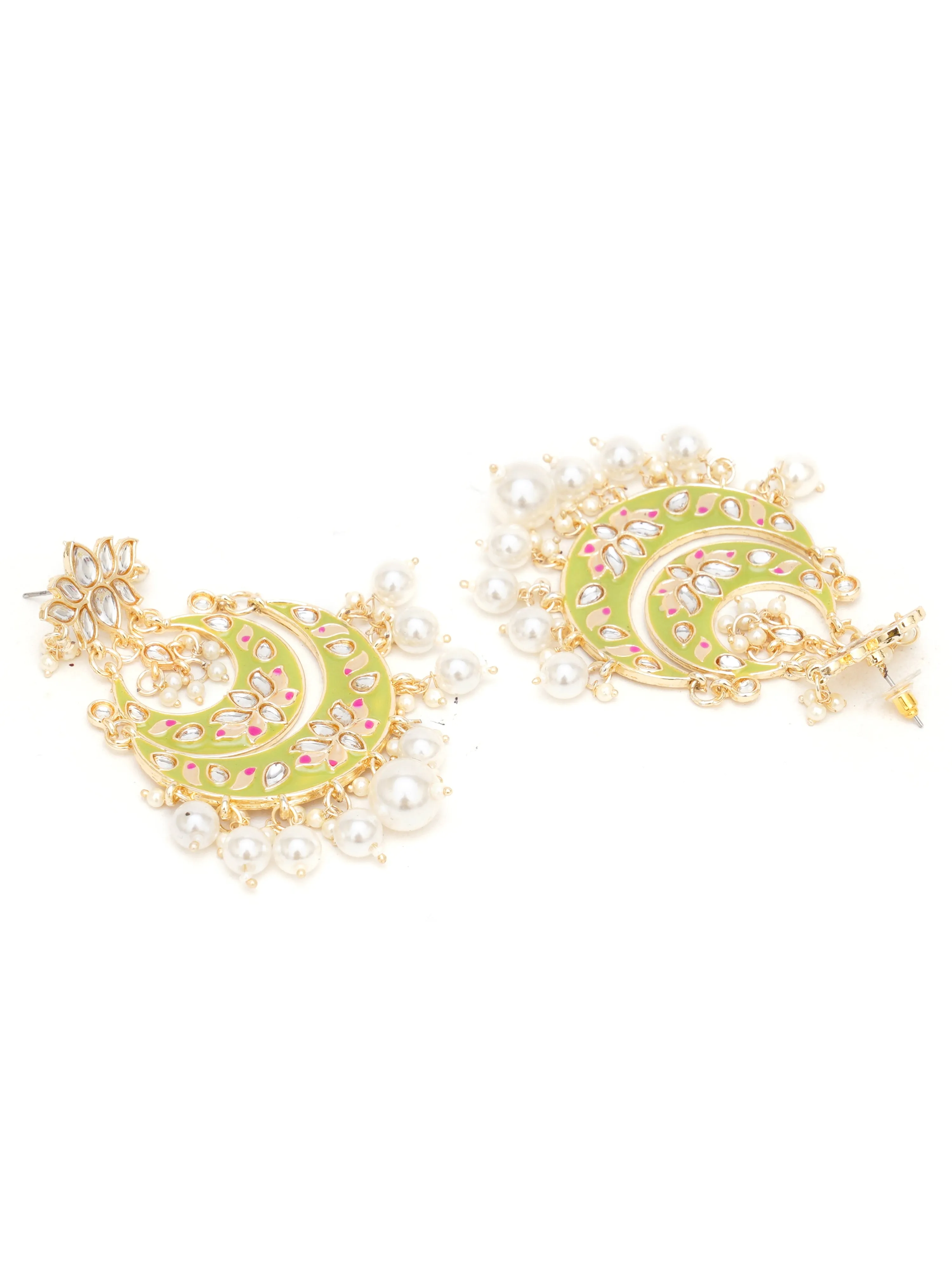 Karatcart Gold Plated Light Green Meena Lotus Design Pearl Studded Chandbali Earrings for Women