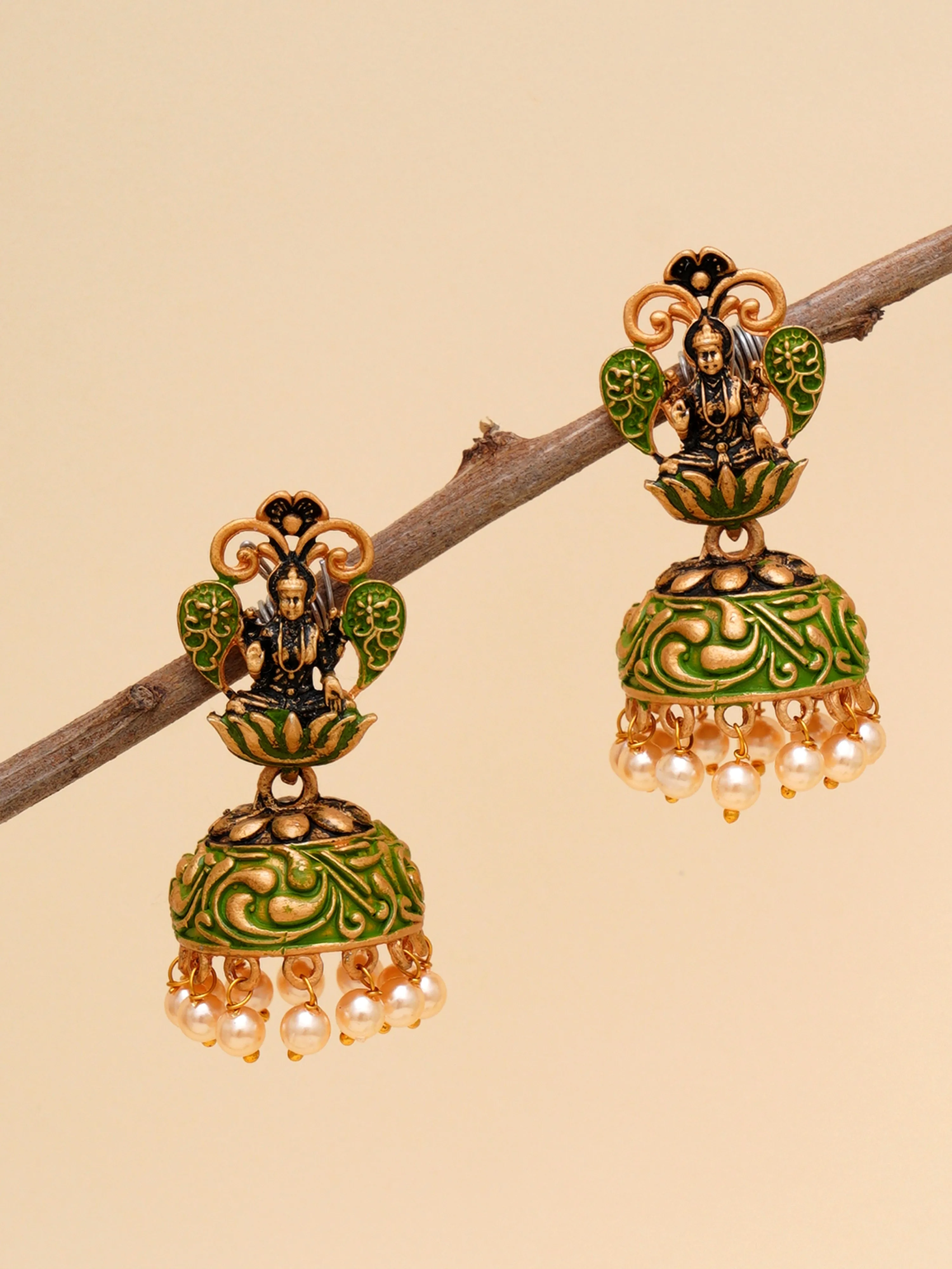 Karatcart Gold Plated Light Green Meena Mata Laxmi Jhumki Earrings for Women