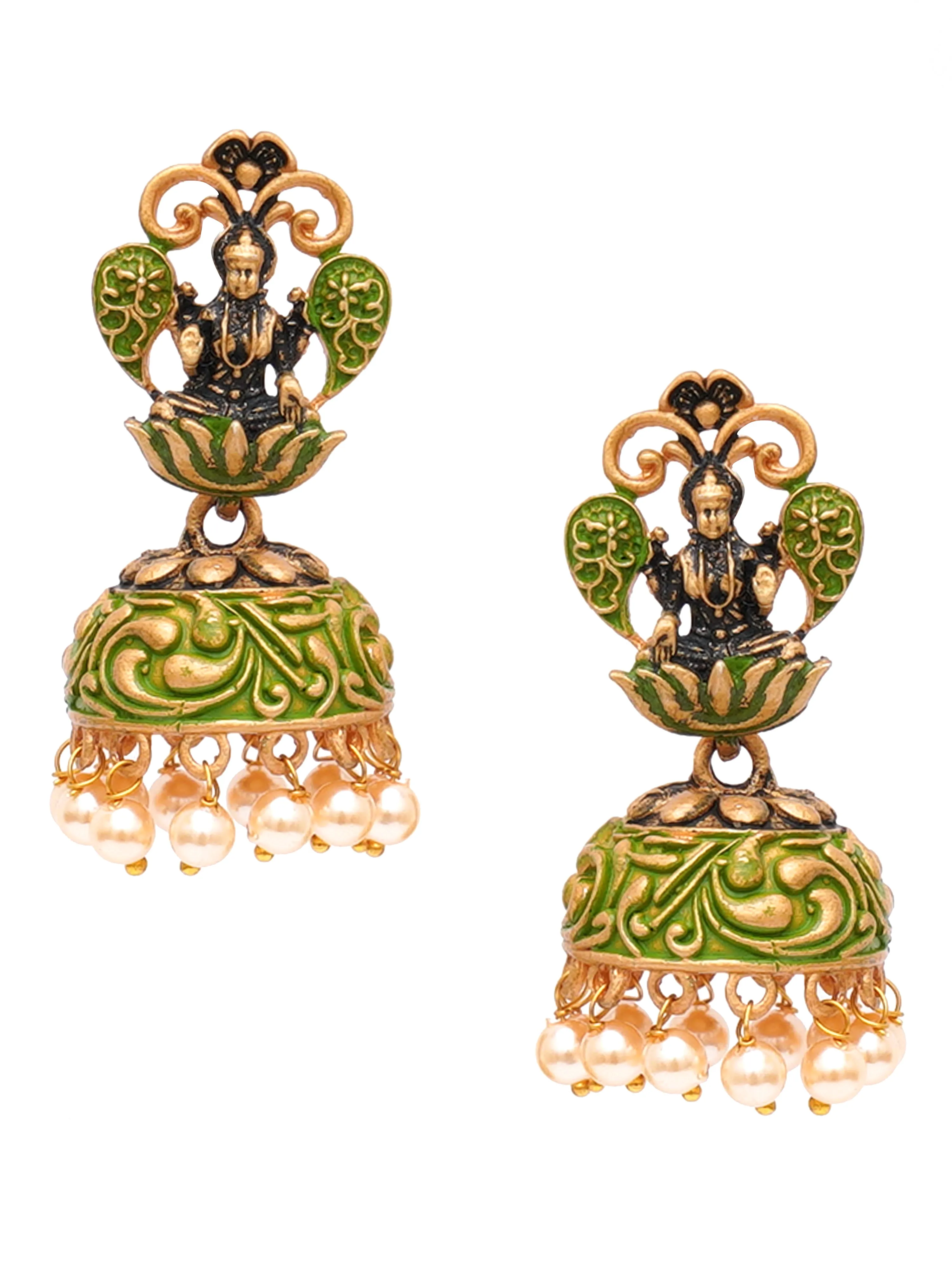 Karatcart Gold Plated Light Green Meena Mata Laxmi Jhumki Earrings for Women