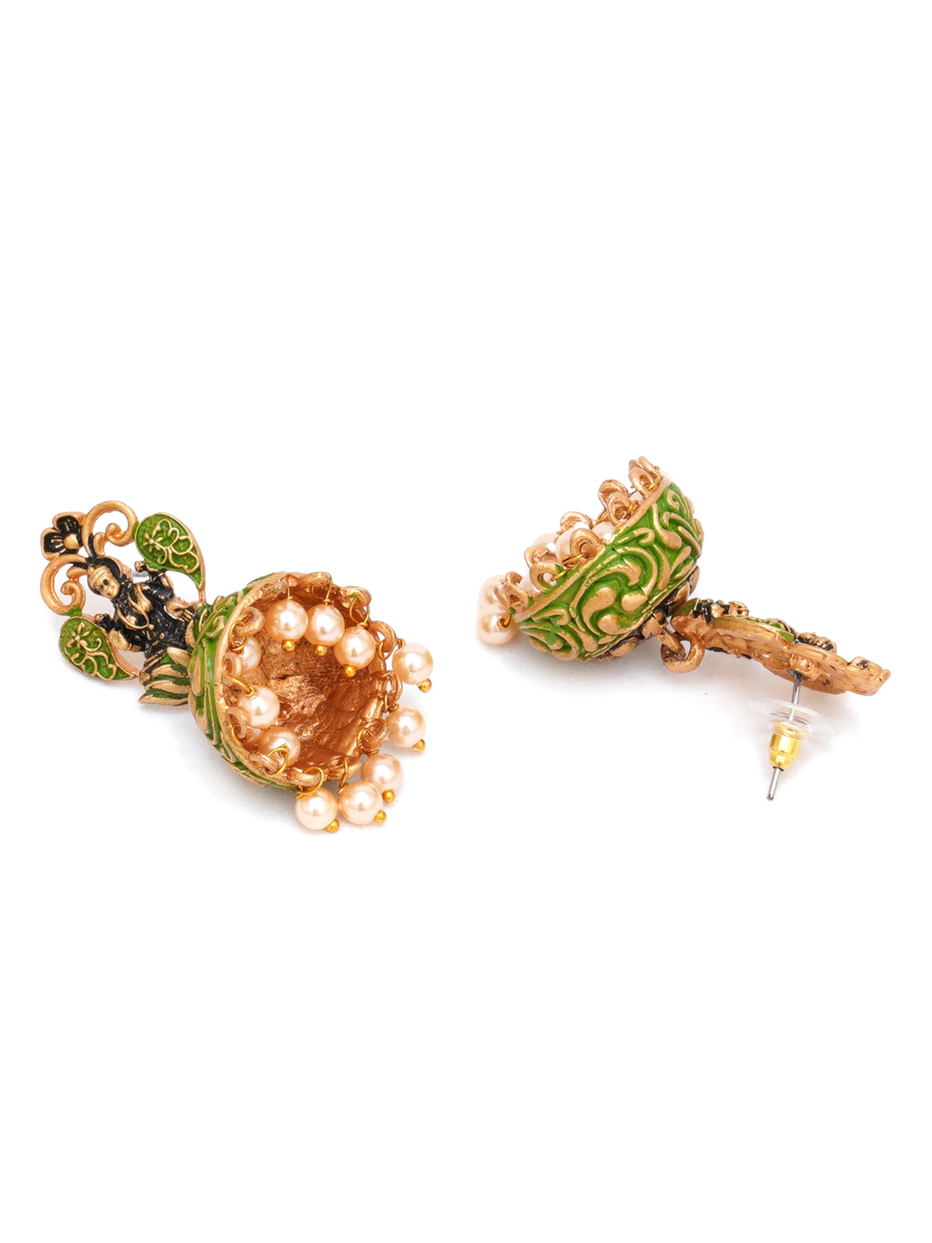 Karatcart Gold Plated Light Green Meena Mata Laxmi Jhumki Earrings for Women