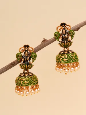 Karatcart Gold Plated Light Green Meena Mata Laxmi Jhumki Earrings for Women