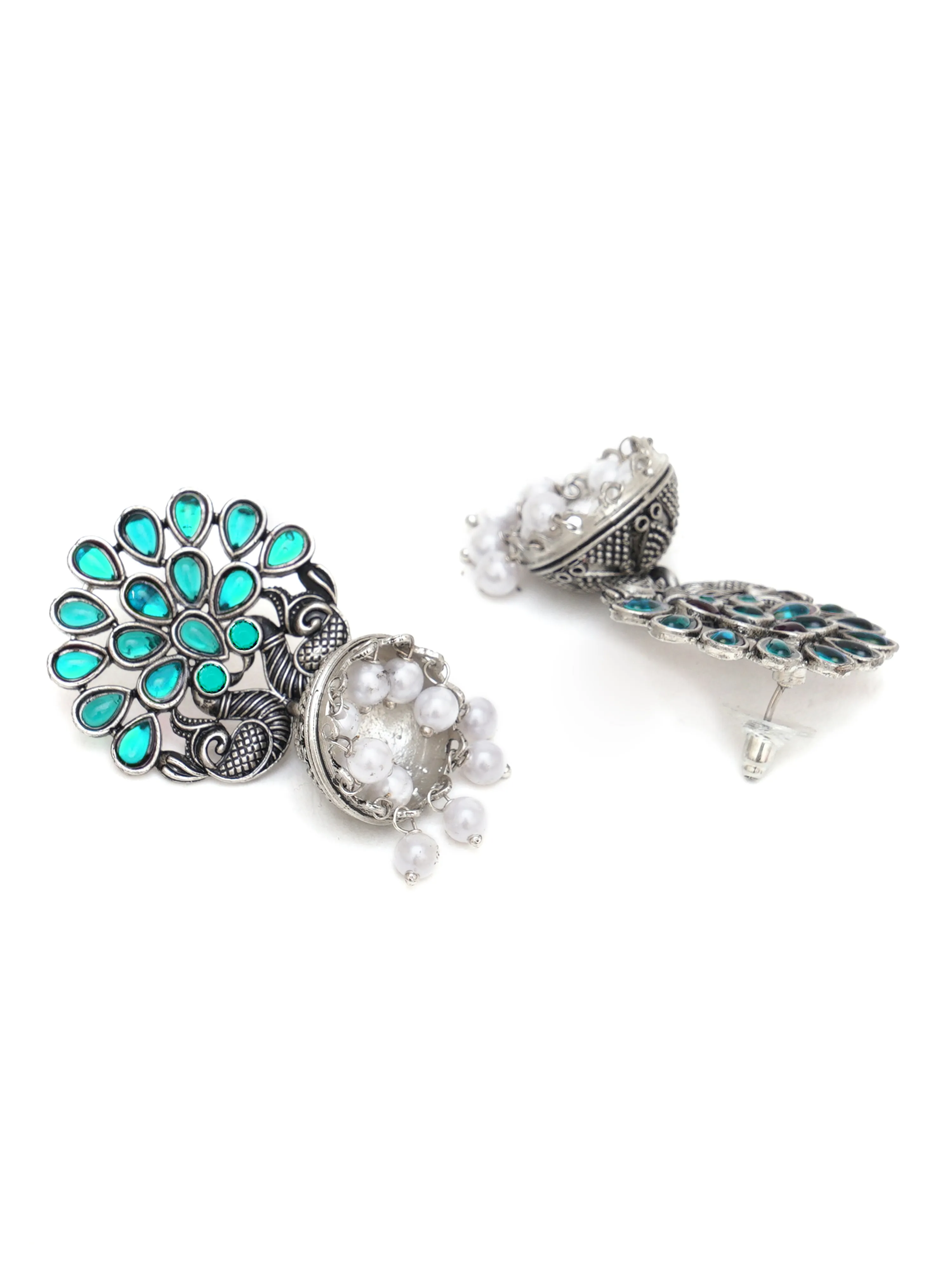 Karatcart Oxidised Silver Peacock Shape Green Stone Studded Jhumki Earrings for Women