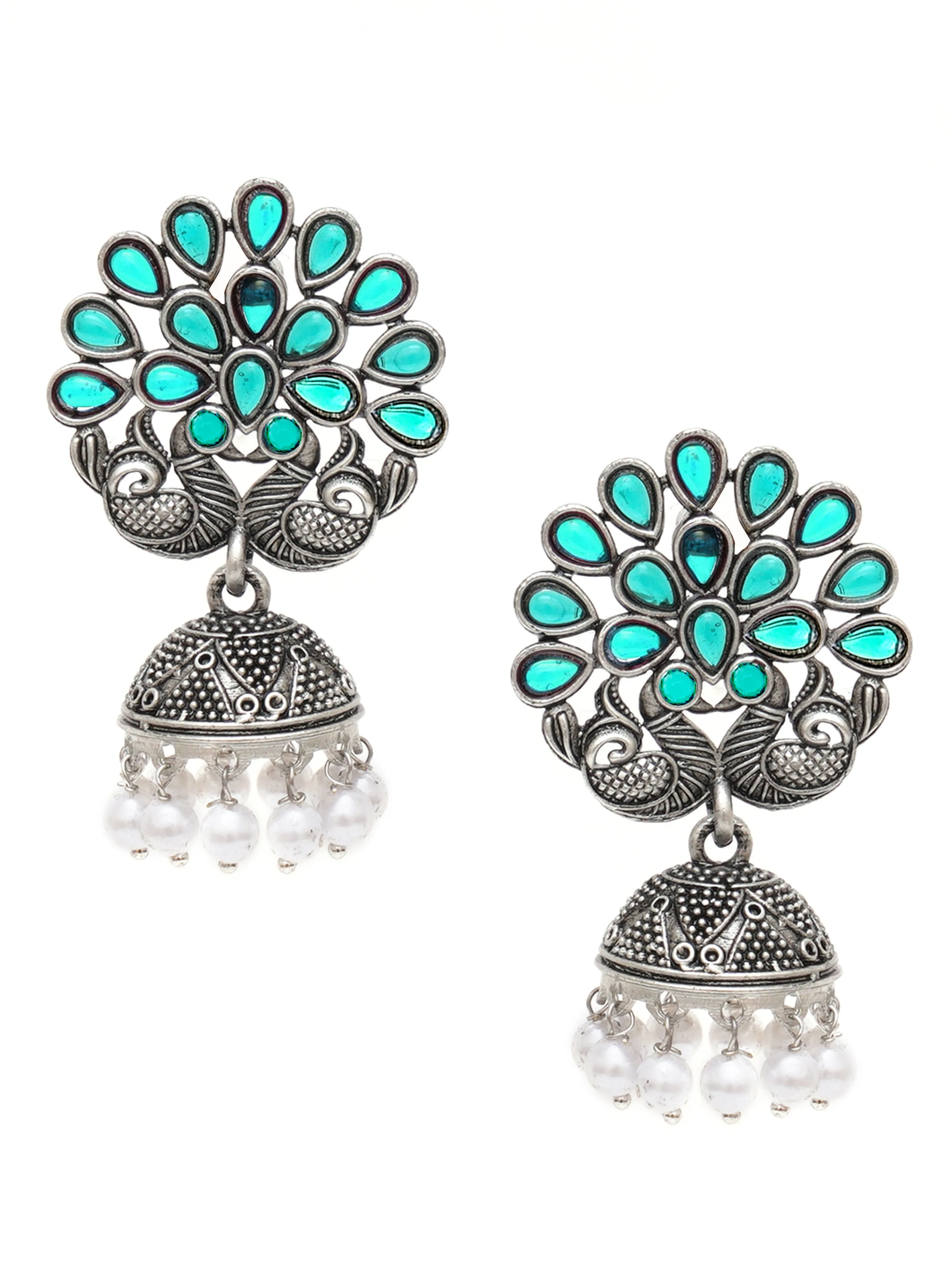 Karatcart Oxidised Silver Peacock Shape Green Stone Studded Jhumki Earrings for Women