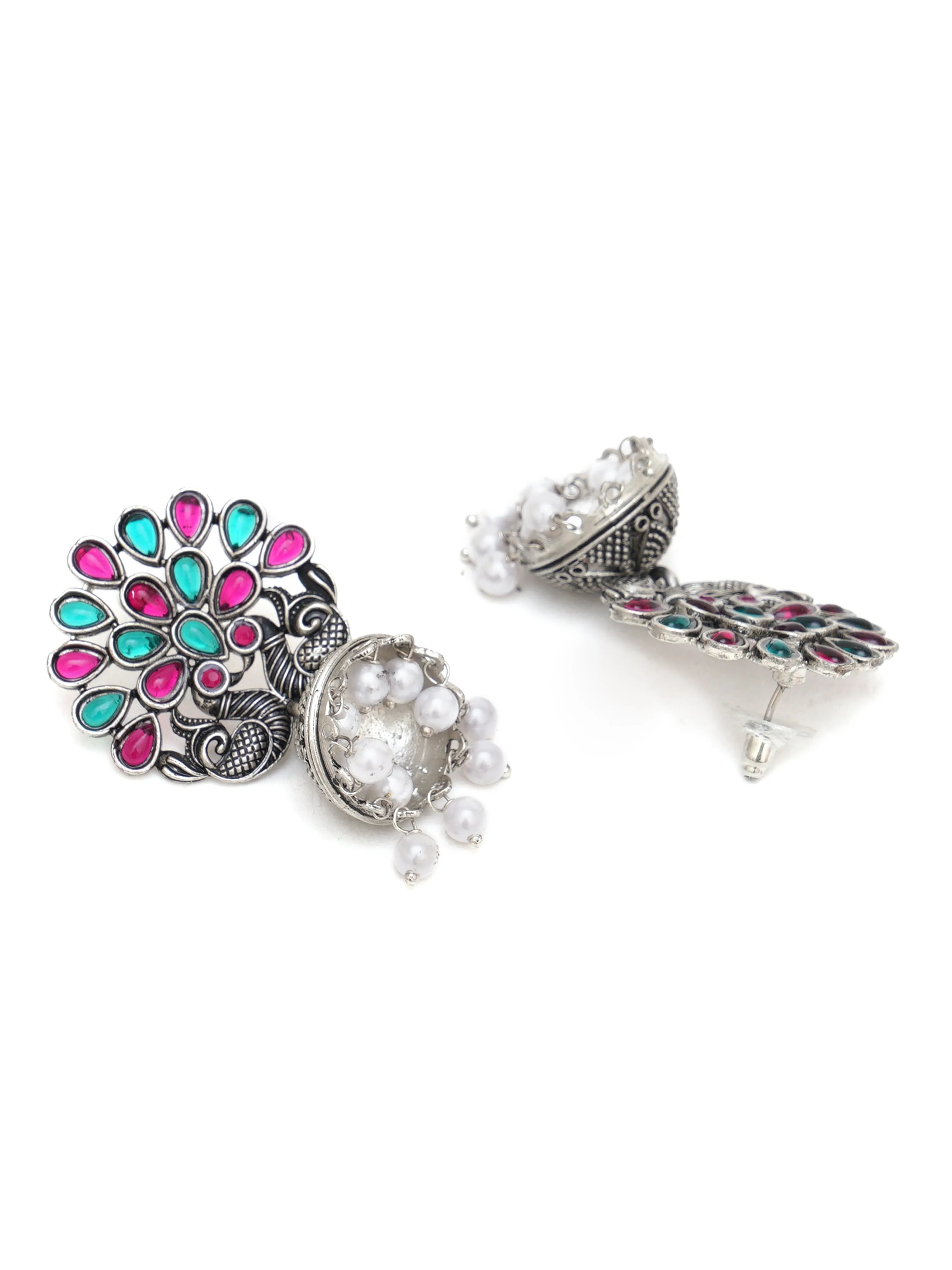 Karatcart Oxidised Silver Peacock Shape Red and Green Stone Jhumki Earrings for Women