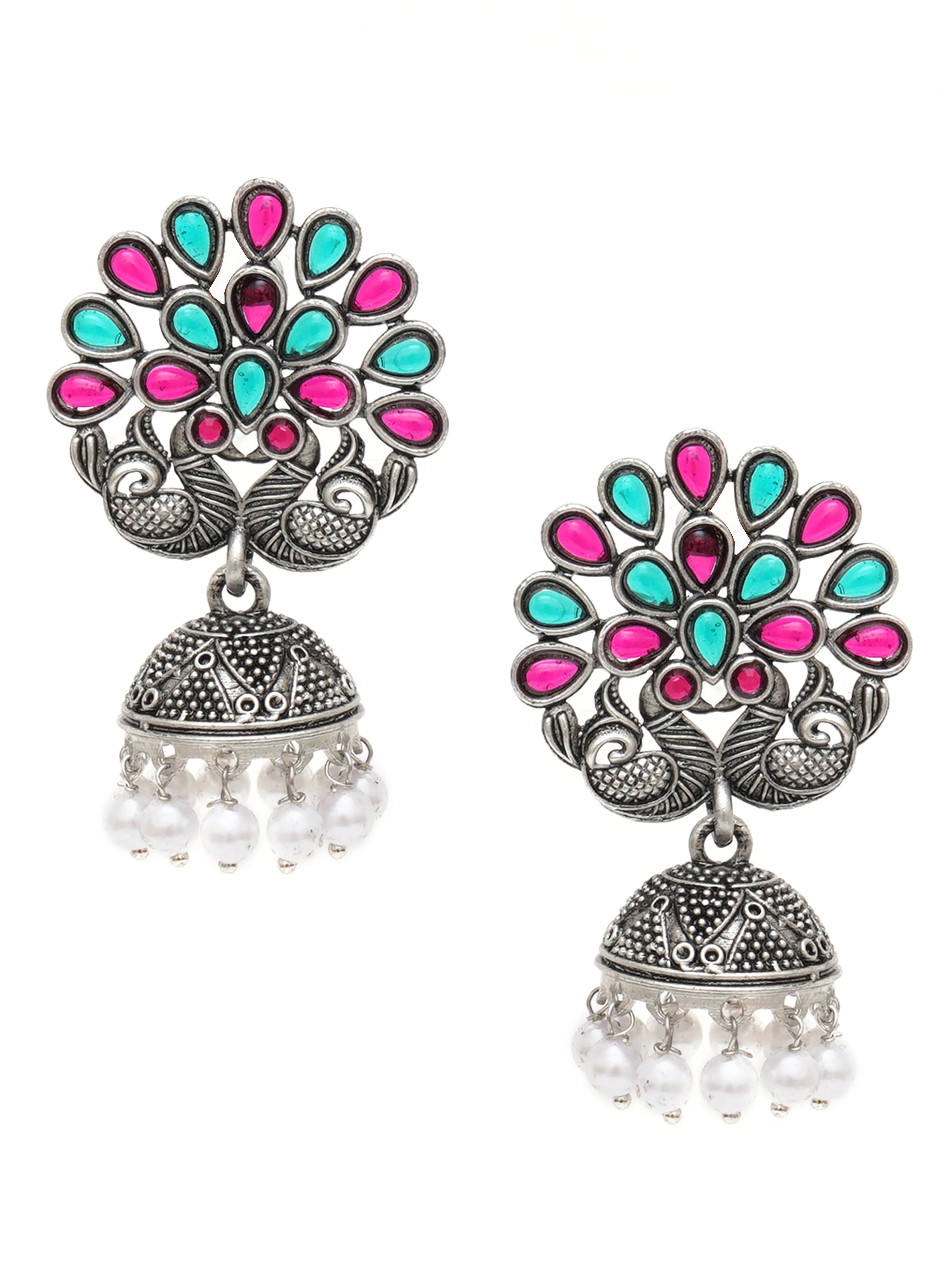 Karatcart Oxidised Silver Peacock Shape Red and Green Stone Jhumki Earrings for Women