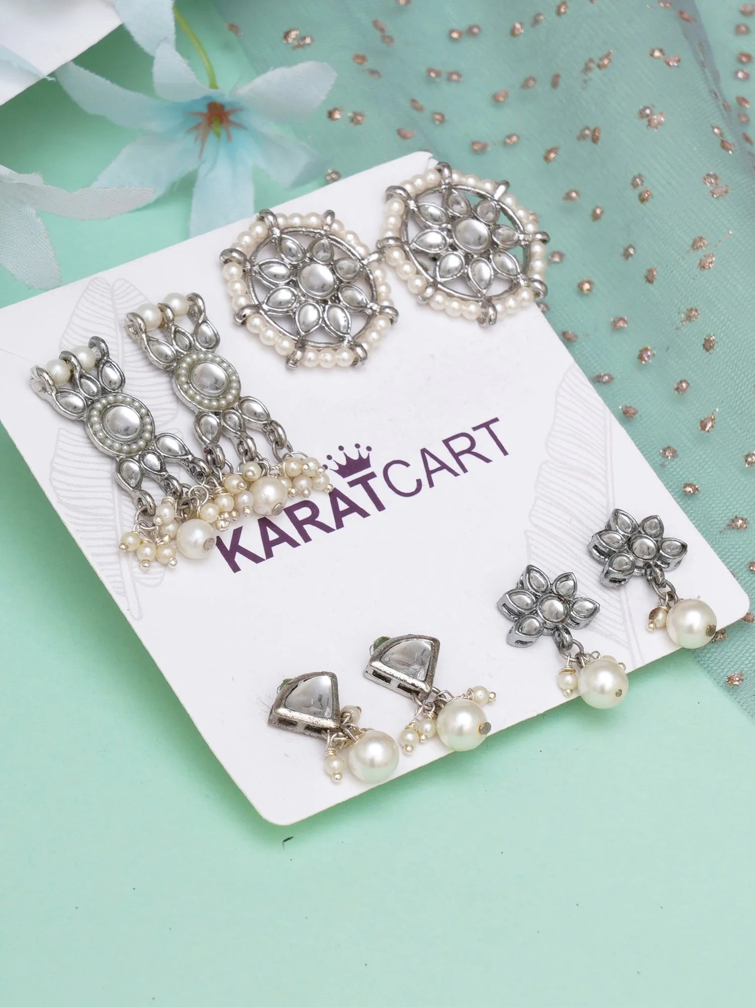 Karatcart Set of 4 Handcrafted Kundan Earrings Combo for Women
