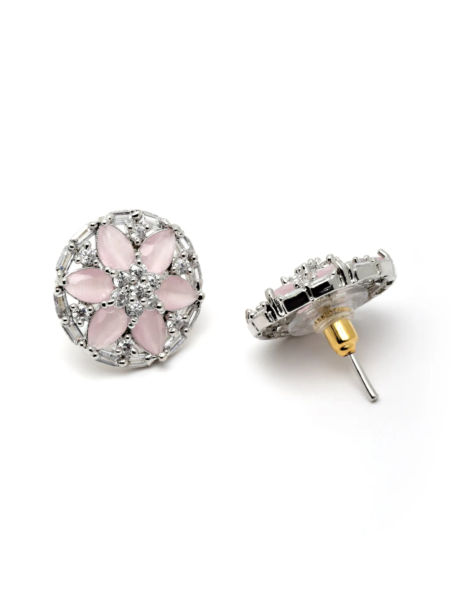 Karatcart Silver Tone Pink American Diamond Stud Earrings for Women