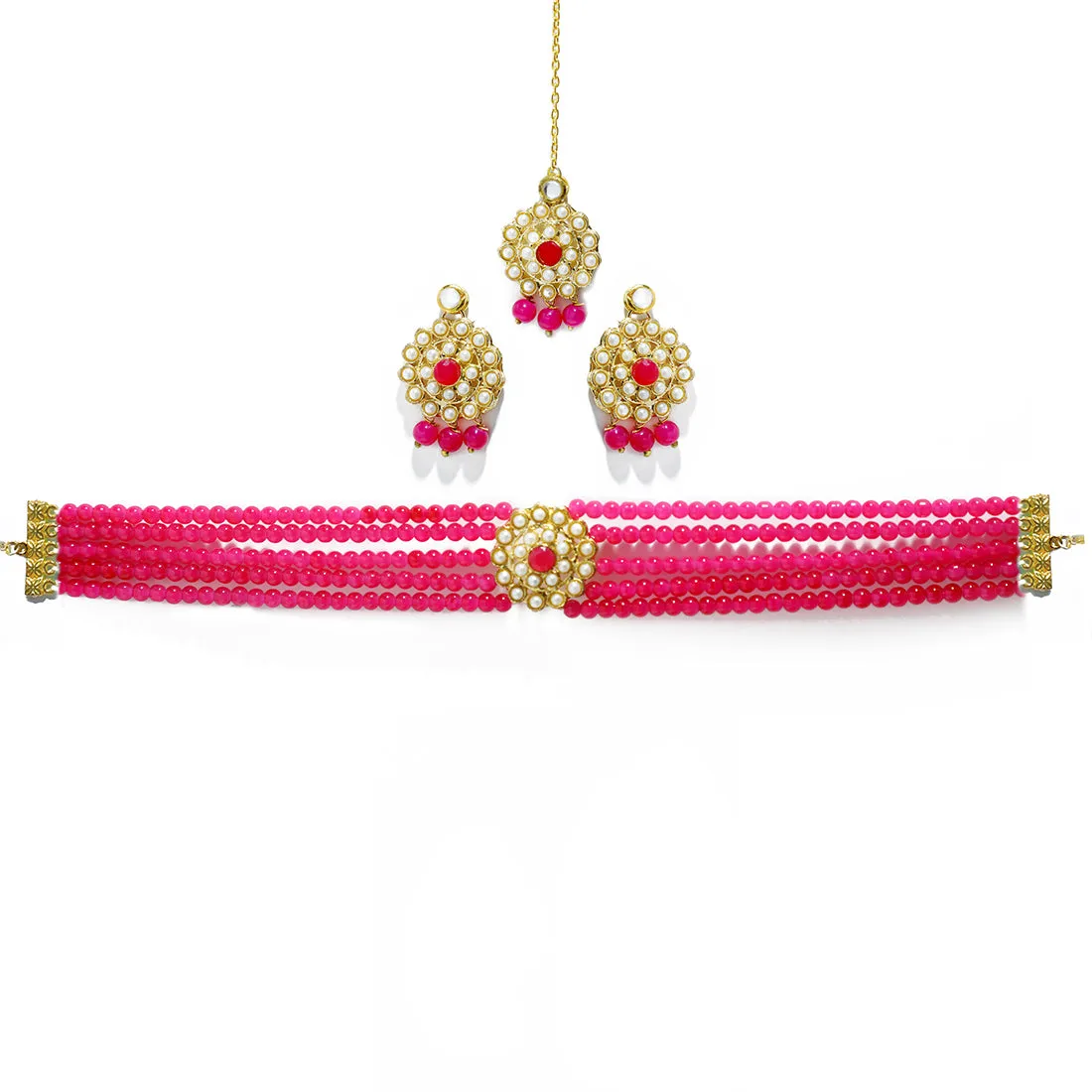 Kundan Pink Beaded Choker Necklace Set