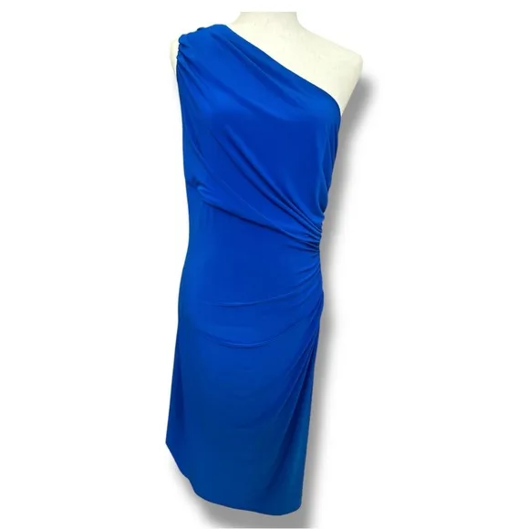 Lauren by Ralph Lauren - Blue Ruched One Shoulder Bodycon Cocktail Dress Size 12