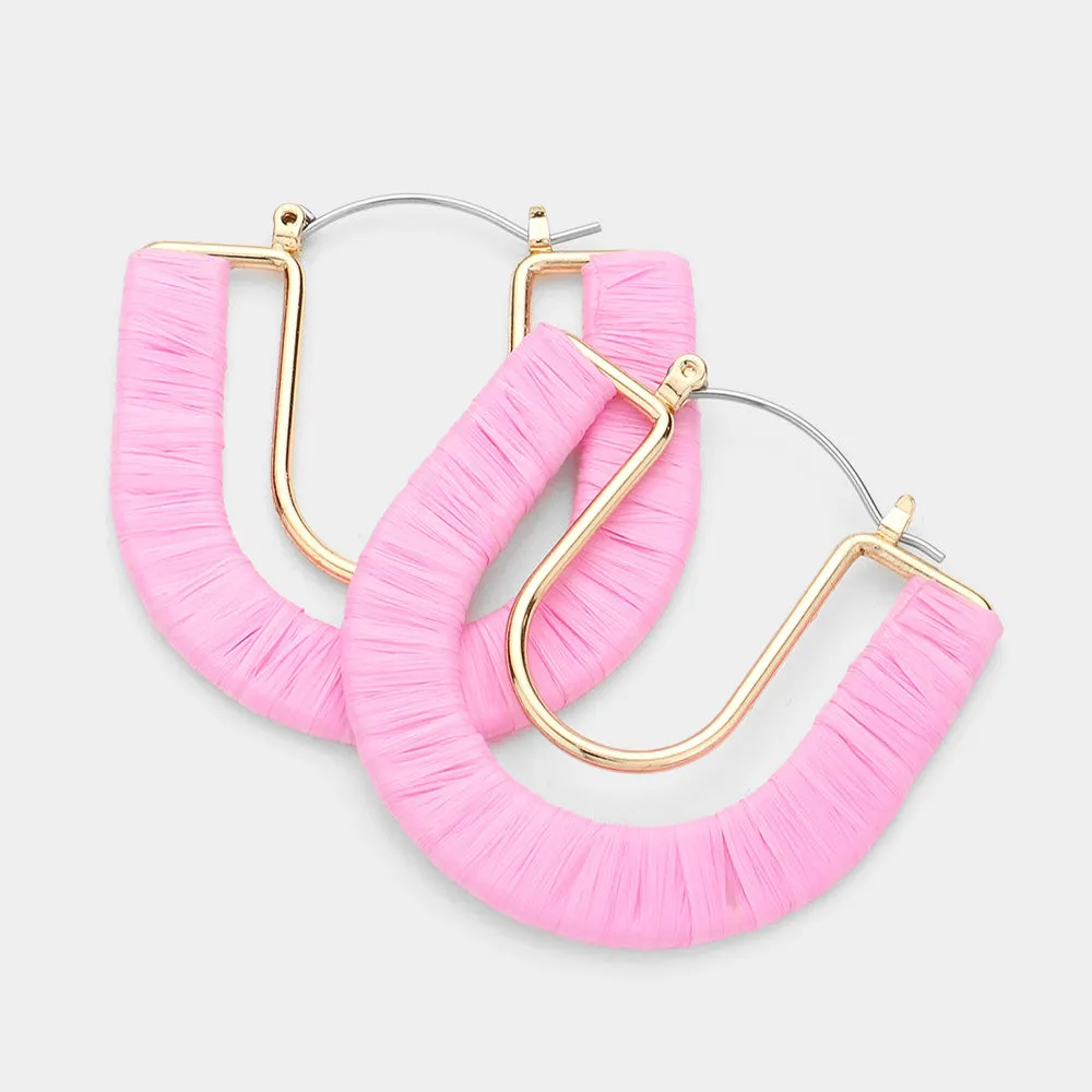 Light Pink Raffia Wrapped U Shape Fun Fashion Earrings | Headshot Earrings | 613915