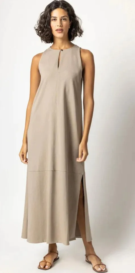 Lilla P Sleeveless Keyhole Maxi Dress; Black/White/Raffia
