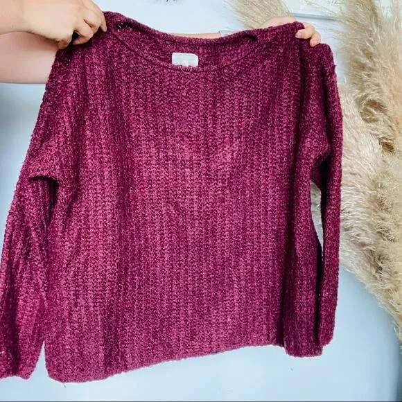 LOU &amp; GREY Burgundy Maroon Boat Neck Side Slit Cozy Knit Pullover Sweater S
