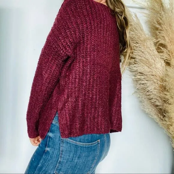 LOU &amp; GREY Burgundy Maroon Boat Neck Side Slit Cozy Knit Pullover Sweater S