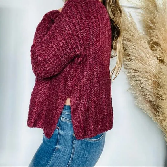LOU &amp; GREY Burgundy Maroon Boat Neck Side Slit Cozy Knit Pullover Sweater S
