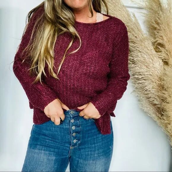 LOU &amp; GREY Burgundy Maroon Boat Neck Side Slit Cozy Knit Pullover Sweater S