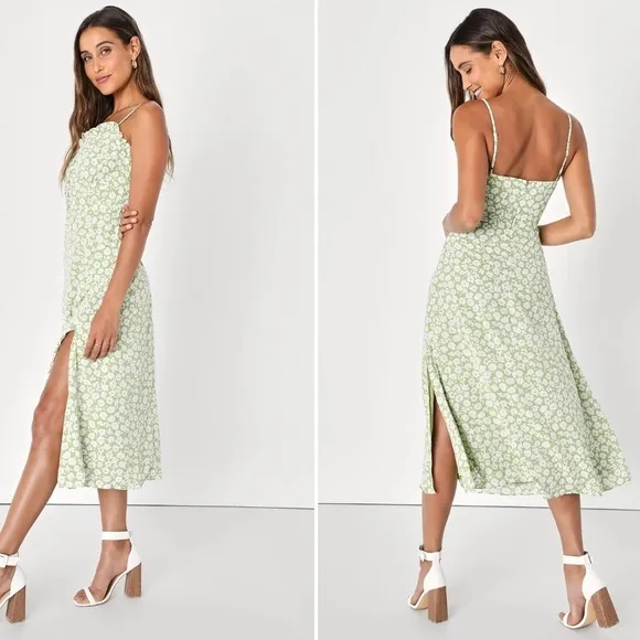 LULU's Floral Romantic Bustier Ruffle Garden Theme Midi Dress NWOT