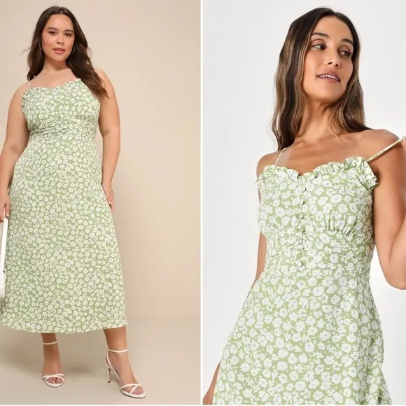 LULU's Floral Romantic Bustier Ruffle Garden Theme Midi Dress NWOT
