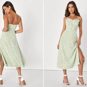 LULU's Floral Romantic Bustier Ruffle Garden Theme Midi Dress NWOT