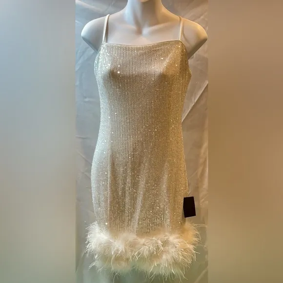 LULUS Truely Sensational White Sequin‎ Feather Sleeveless Mini Dress Size XL