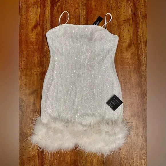 LULUS Truely Sensational White Sequin‎ Feather Sleeveless Mini Dress Size XL