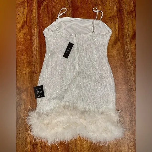 LULUS Truely Sensational White Sequin‎ Feather Sleeveless Mini Dress Size XL