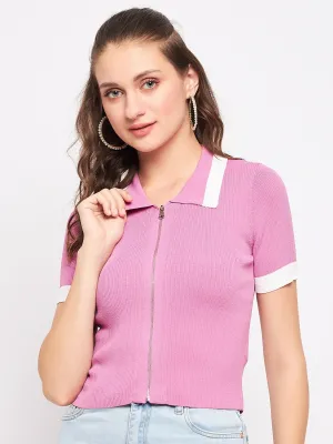 Madame Pink Knit Zipper Crop Top